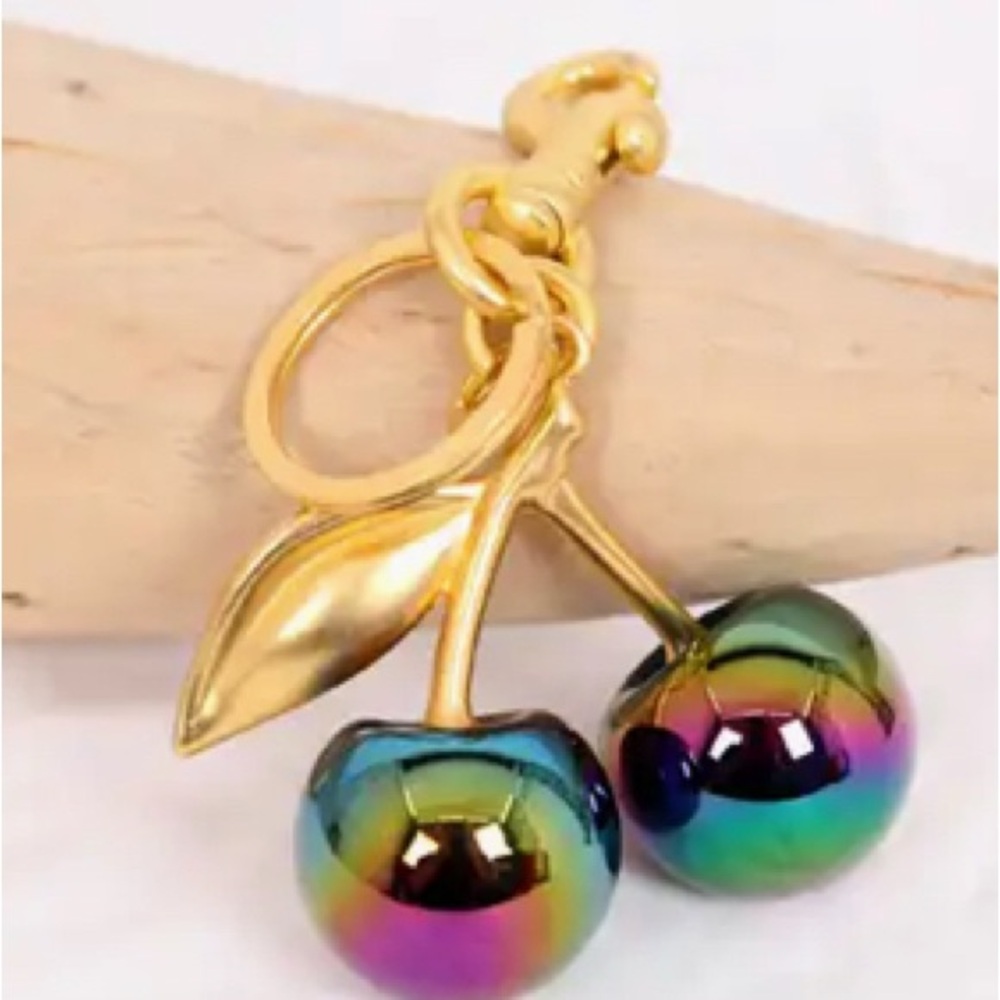 Gold Cherry Keychain with Iridescent Rainbow Charms